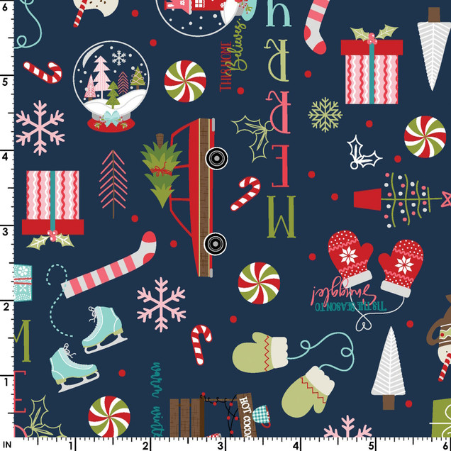 Kimberbell Cup of Cheer Christmas Grafitti Print Navy MAS10202-N