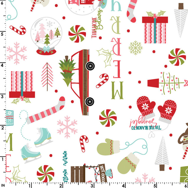 Kimberbell Cup of Cheer Christmas Graffiti Print White MAS10202-W