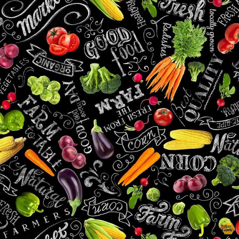 Fresh Veggies: Vegetable Chalk Board -- Timeless Treasures Fabrics FOOD BLACK - CD-1981