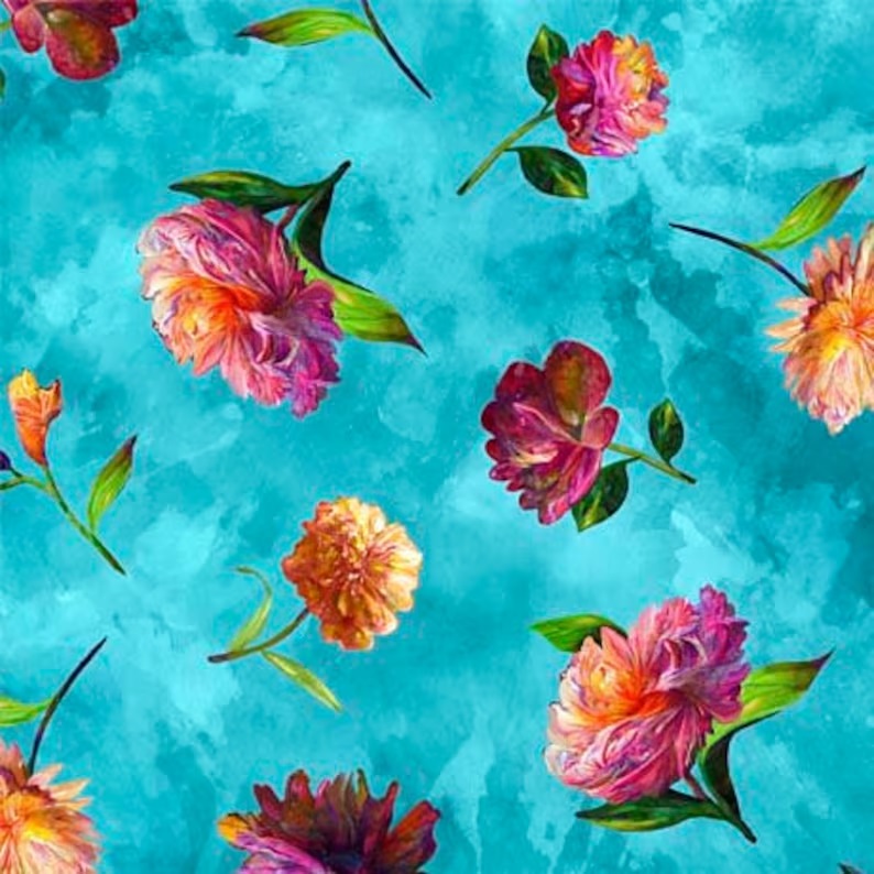 Quilting Treasures Fleur Etoile Tossed Floral Turquoise