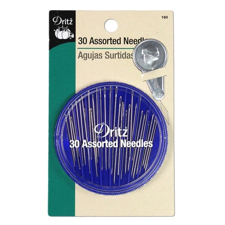 Dritz 30 Storage Compact and Needle Threader, Assorted Sizes & Styles, 30 Count, Nickel